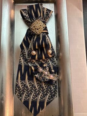 Navy and Gold Patterned Hair Scarf with Decorative Brooches